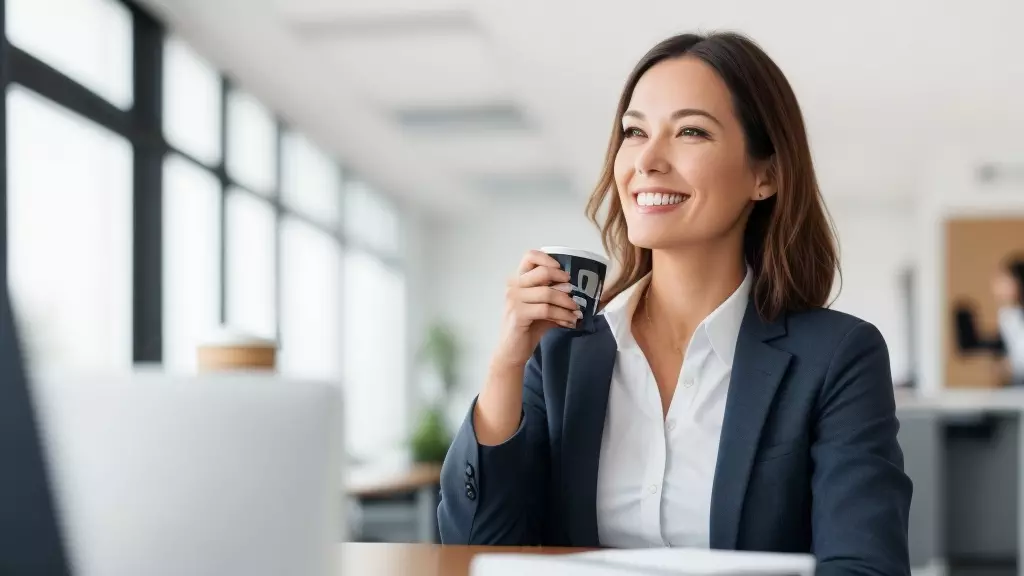 woman in business attire looking out the window of an office environment with a smile on her face and cup of coffee in her hand